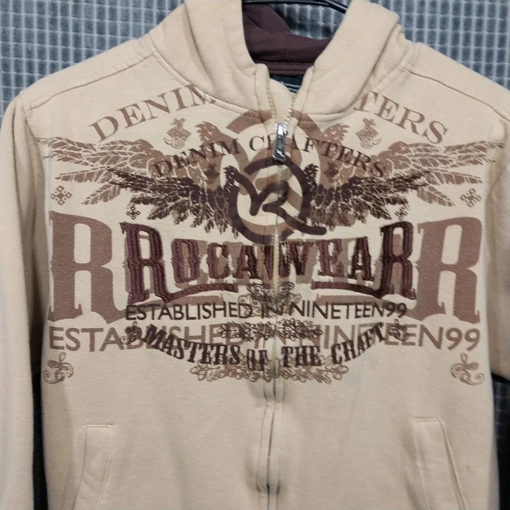 Rocawear Hoodie Zip Up Graphic Logo M (10-12) Tan Brown